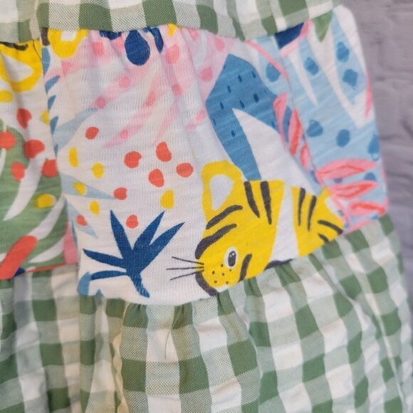 Baby Girls Sleeveless Tiered Mixed Tropical Print and Seersucker Check Dress - Picture 2 of 6